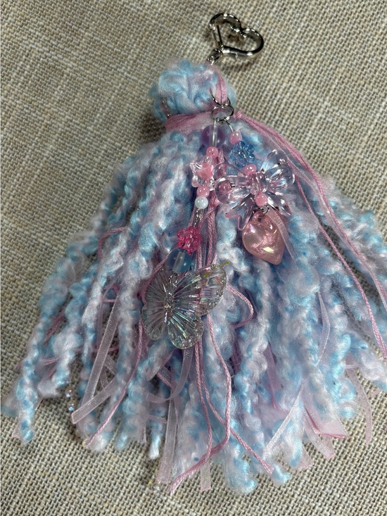 Hand Crafted Accessories - Hand Crafted Pastel Blue & Pink Tassel Keychain with Butterfly & Heart Charms